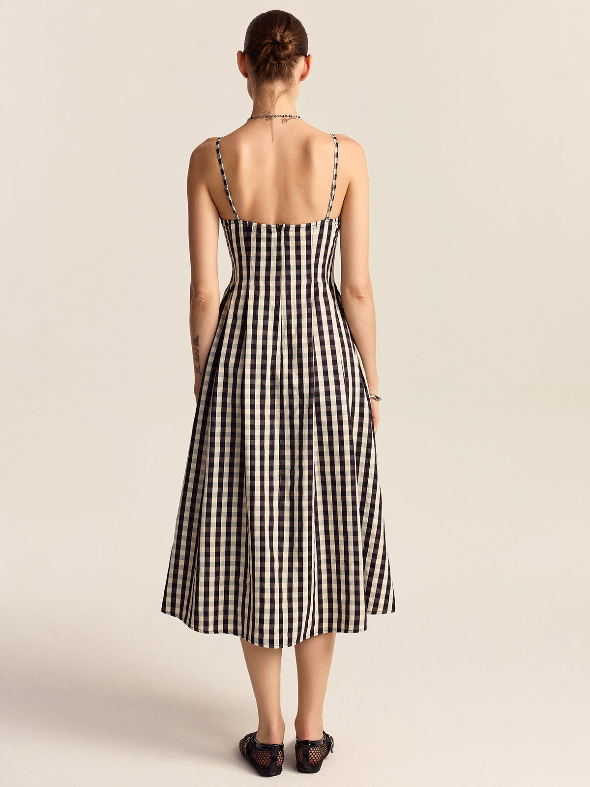 Lyrvine Gingham Spaghetti Strap Midi Dress with Lace Trim