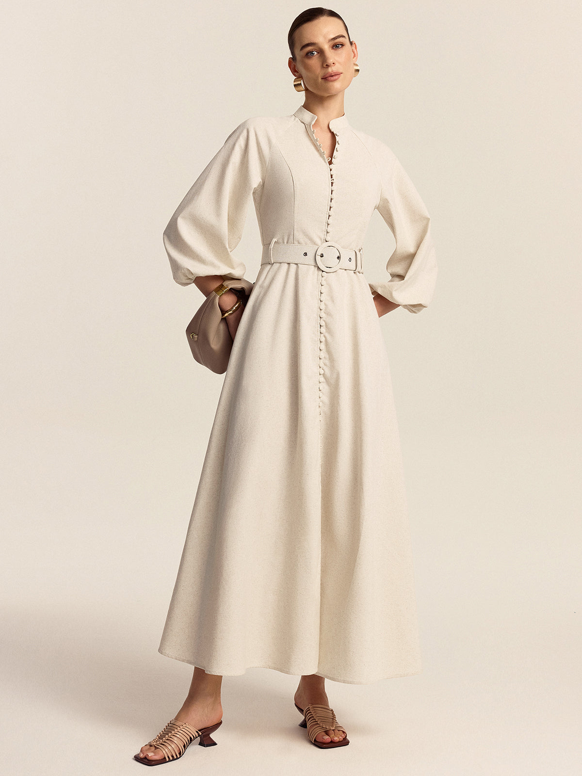 Olyne Maxikleid mit Gürtel und Knopfleiste vorne
