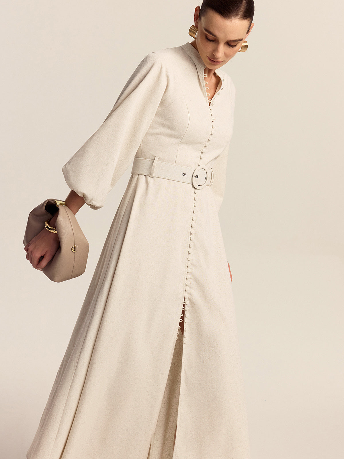 Olyne Maxikleid mit Gürtel und Knopfleiste vorne