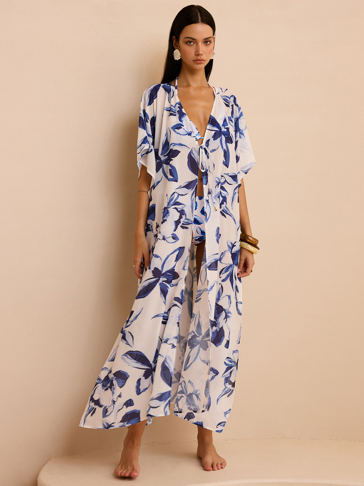 Korane Skir Blommig Kimono Med Knytning Framtill