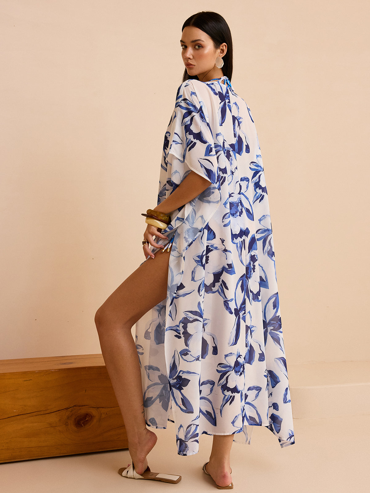 Korane Skir Blommig Kimono Med Knytning Framtill