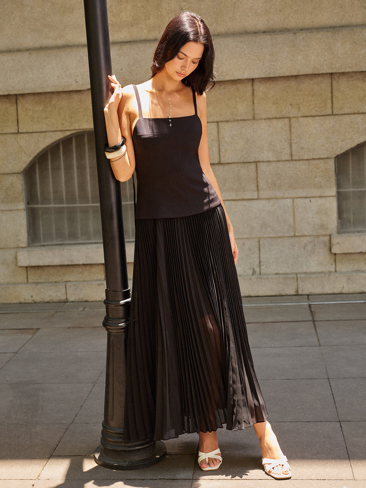 Splendor Spaghetti-Strap Backless Pleated Maxi Dress