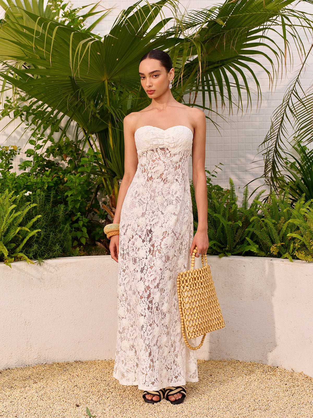 Reverbloom – Trägerloses Kleid mit transparentem Jacquard-Blumenspitzeneinsatz