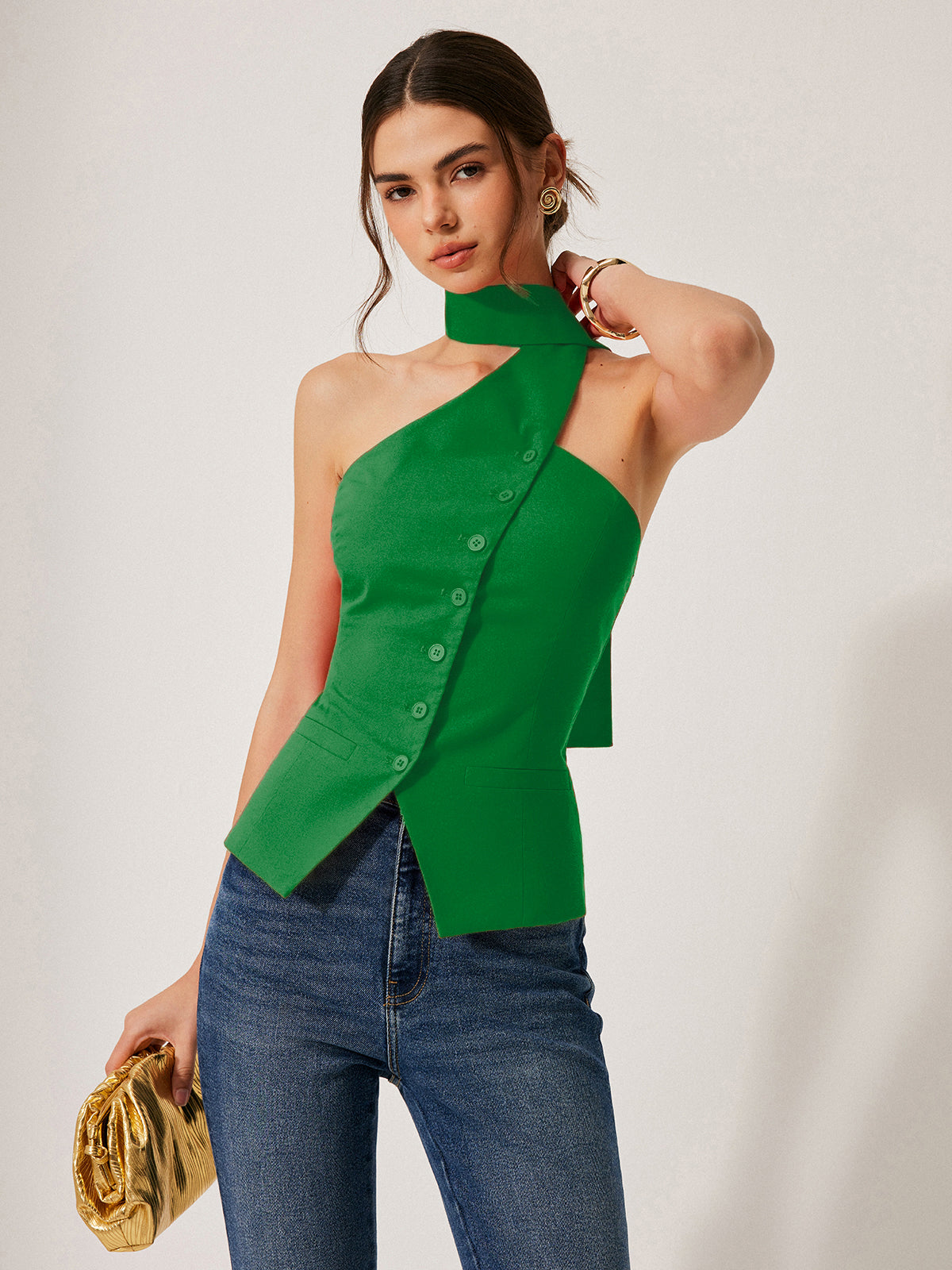 Nesira Neckholder-Top aus Baumwolle und Leinen mit dekorativen Taschen