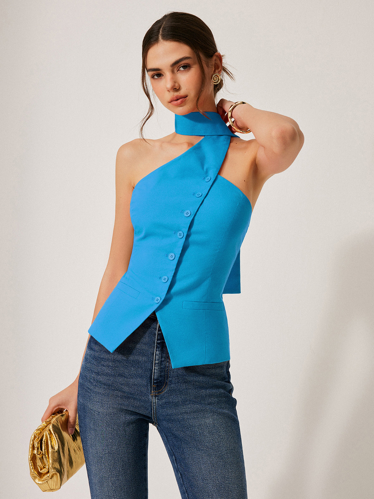 Nesira Neckholder-Top aus Baumwolle und Leinen mit dekorativen Taschen