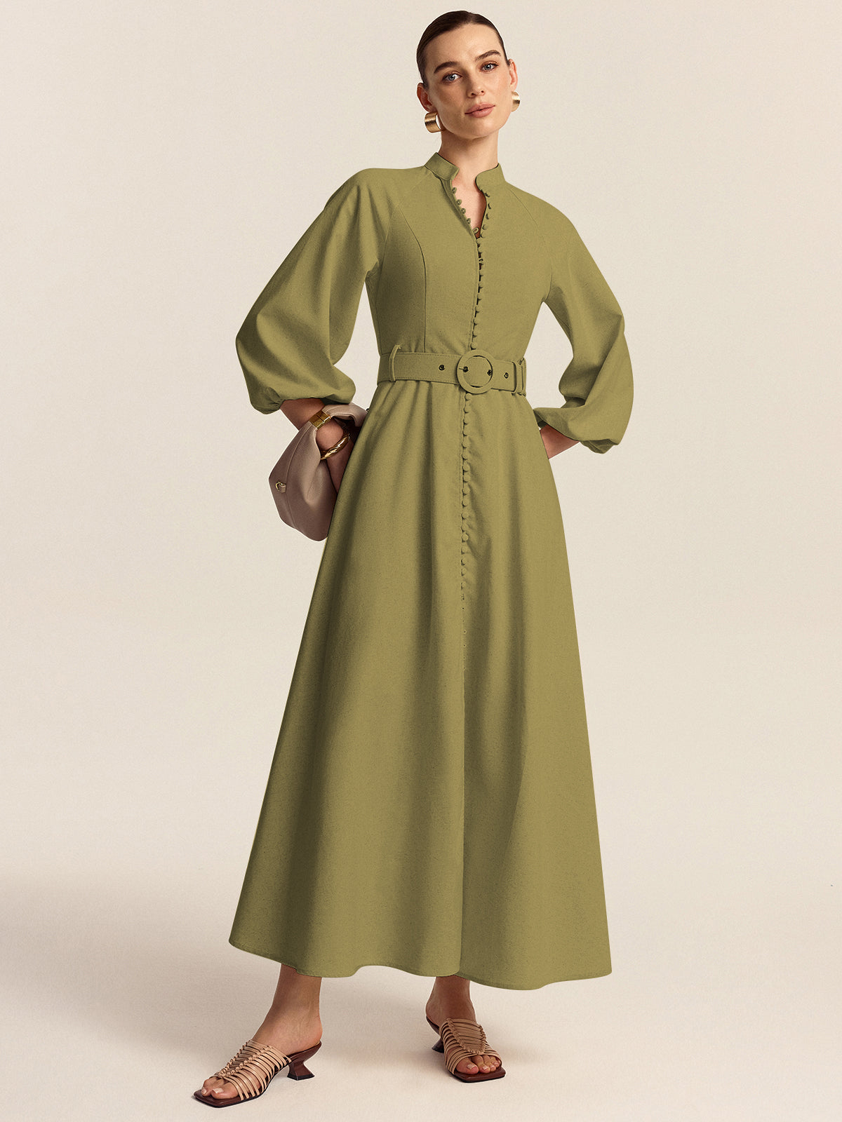 Olyne Maxikleid mit Gürtel und Knopfleiste vorne