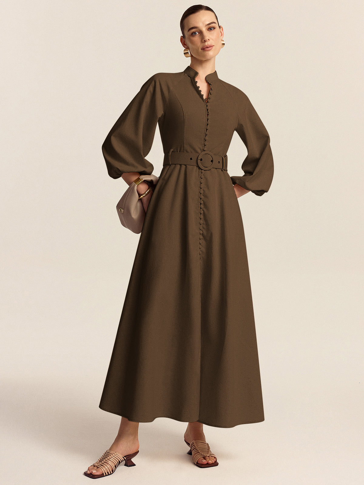 Olyne Maxikleid mit Gürtel und Knopfleiste vorne