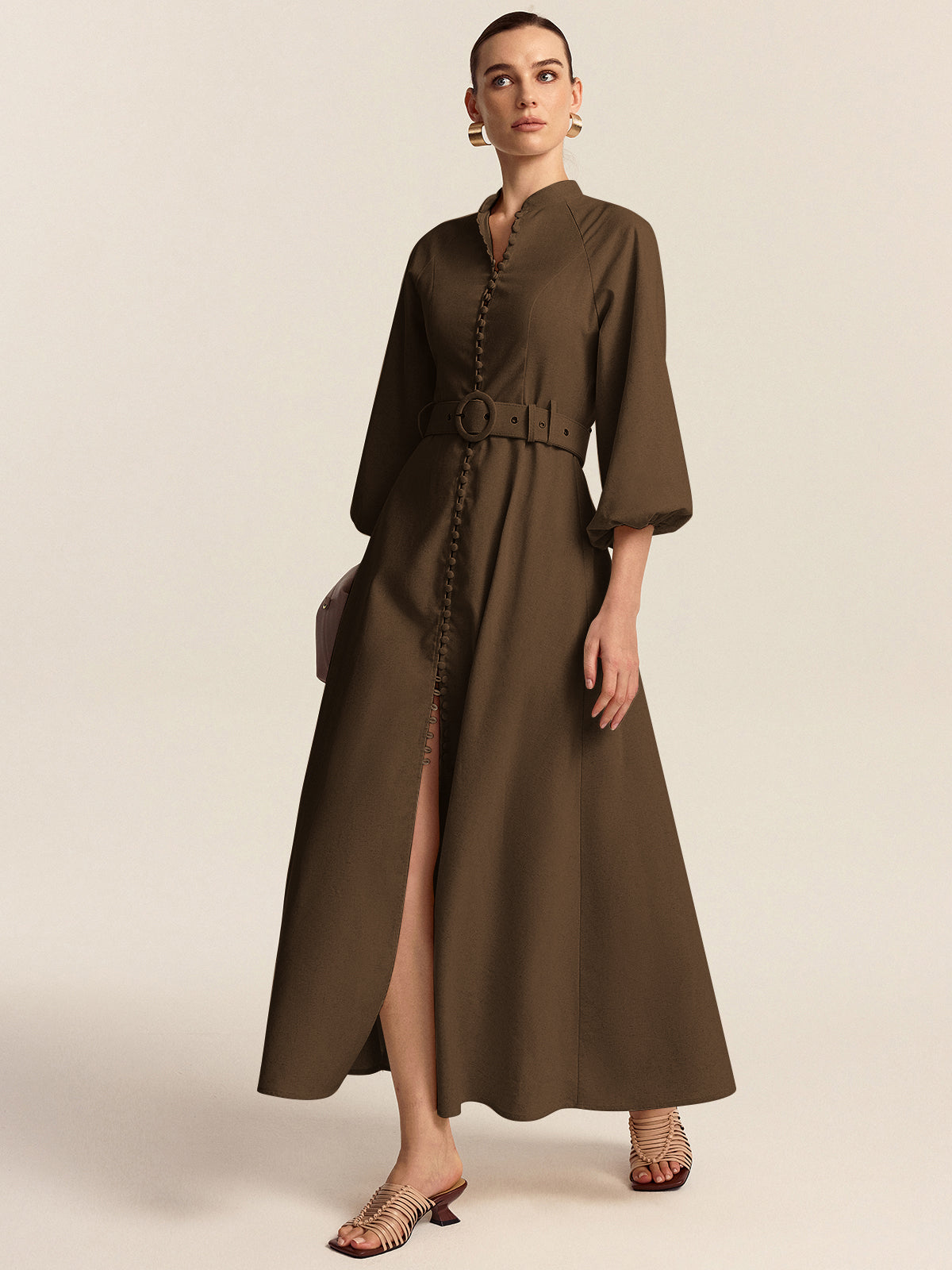 Olyne Maxikleid mit Gürtel und Knopfleiste vorne