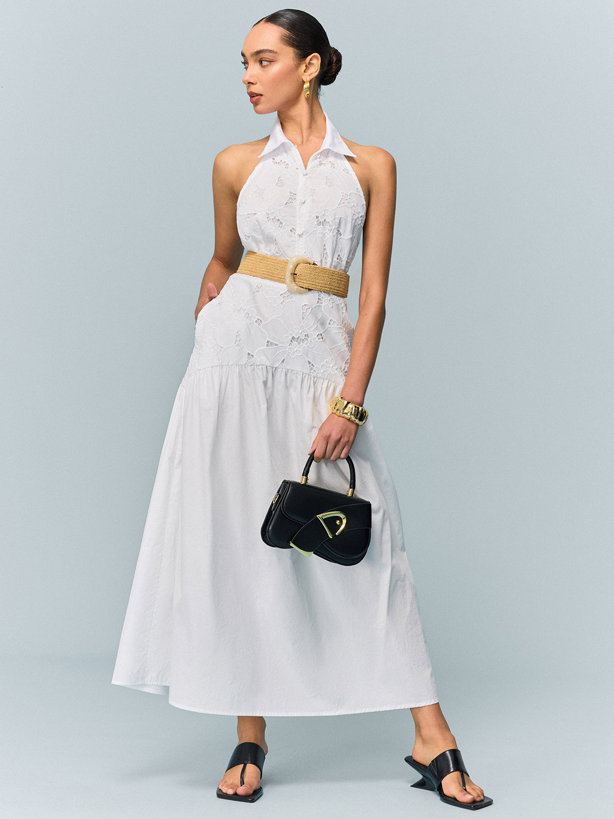 Stardance Pocketed Halter Neck Embroidered Dress with Non-Belted