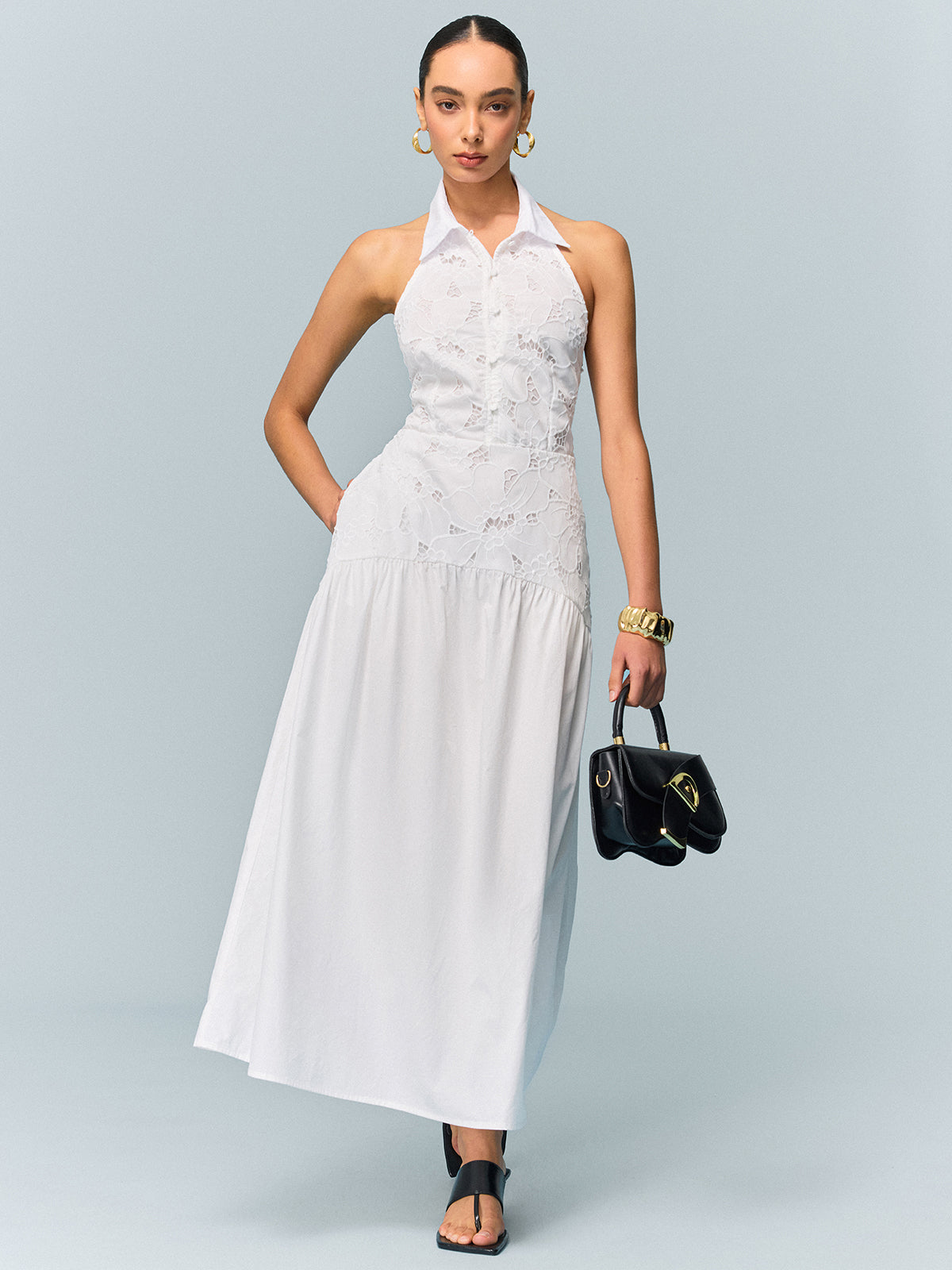 Stardance Pocketed Halter Neck Embroidered Dress with Non-Belted