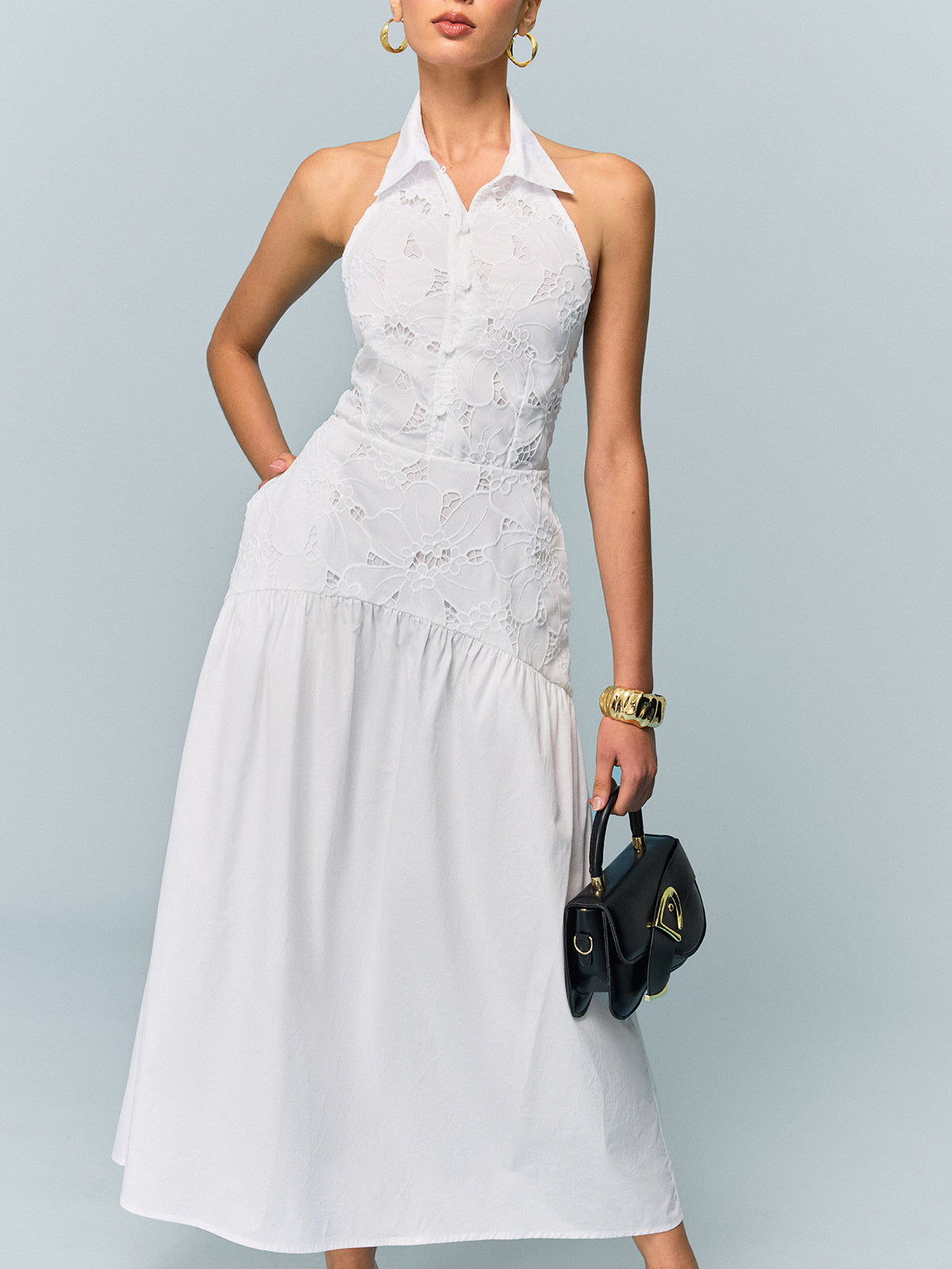 Stardance Pocketed Halter Neck Embroidered Dress with Non-Belted