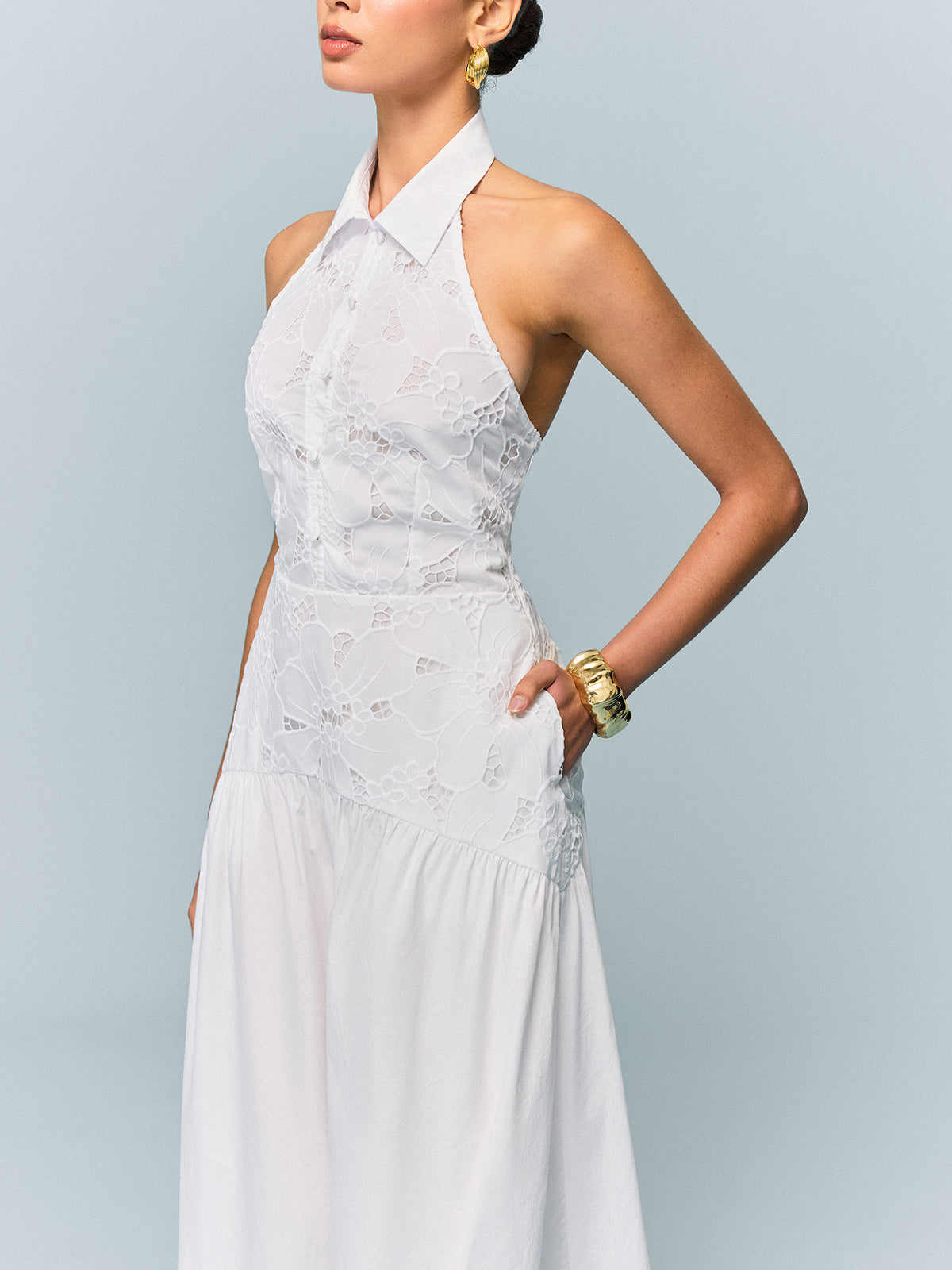 Stardance Pocketed Halter Neck Embroidered Dress with Non-Belted