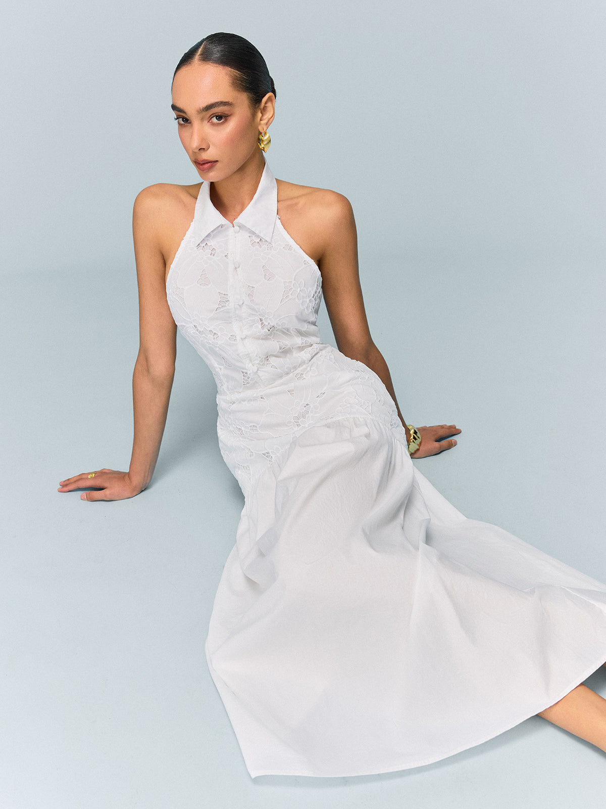 Stardance Pocketed Halter Neck Embroidered Dress with Non-Belted