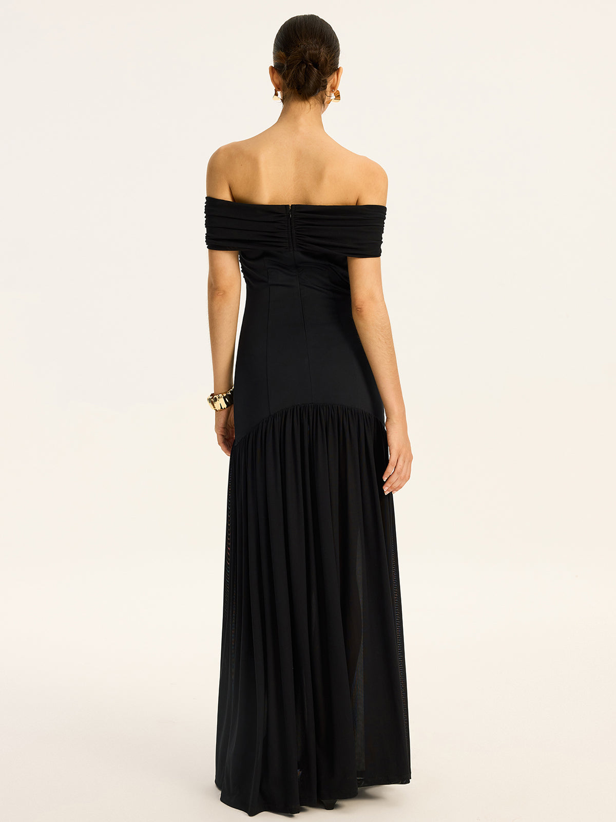 Lumielle Halvtransparent Off-Shoulder Maxiklänning med Rynkade Meshpaneler