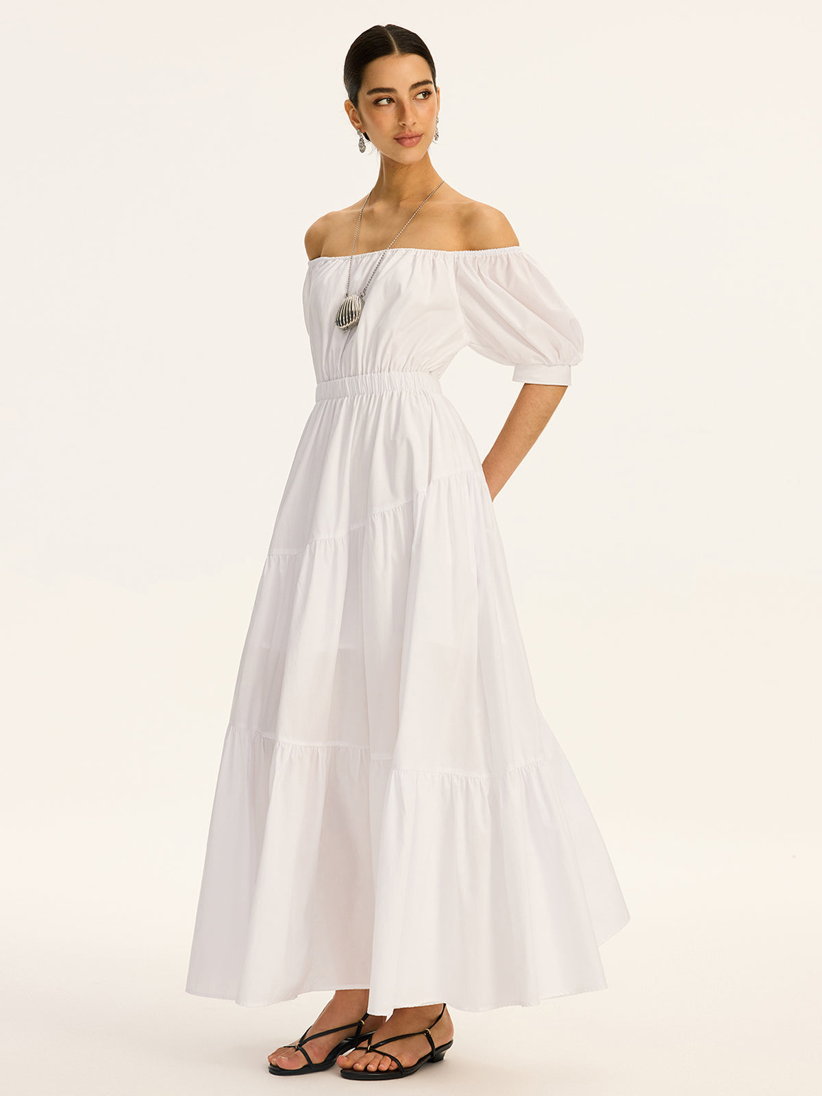 Moonbeam – Schulterfreies, kurzärmliges Maxikleid aus Baumwolle