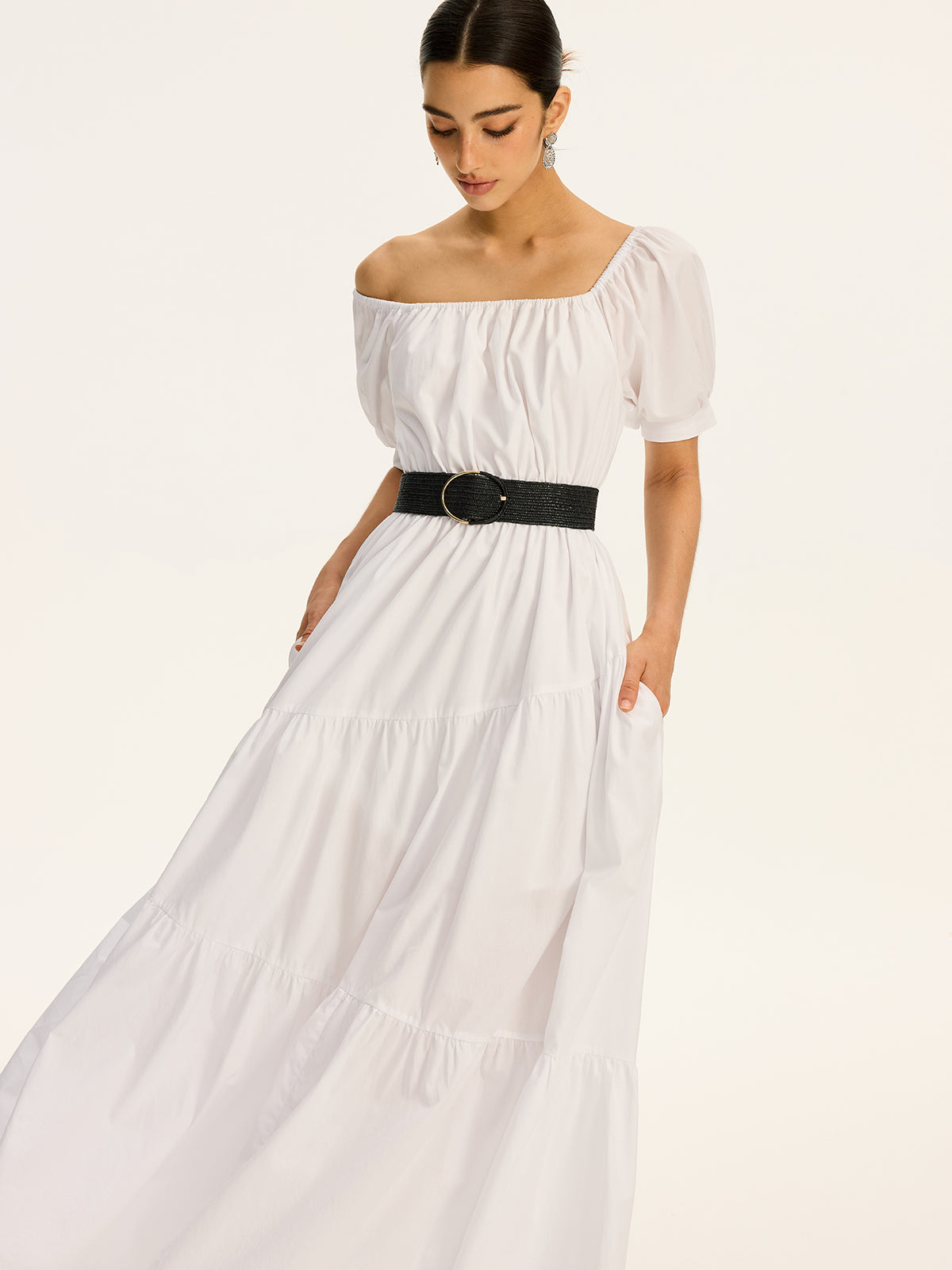 Moonbeam – Schulterfreies, kurzärmliges Maxikleid aus Baumwolle