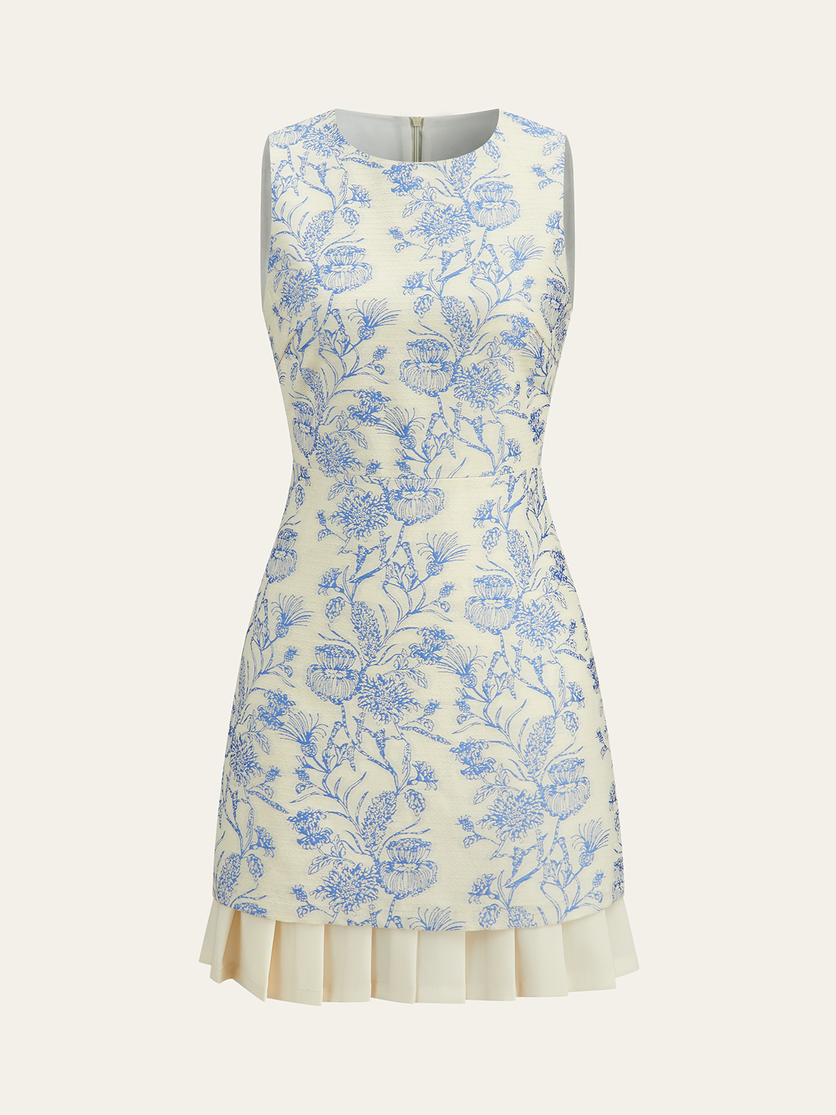 Ärmelloses Kleid mit opaleszierendem Blumenmuster und plissiertem Saum