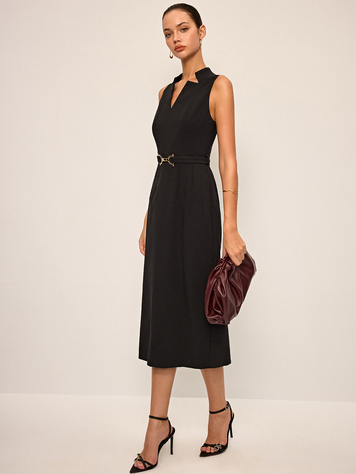 Laveth Sleeveless V-Neck Belted Midi Dress