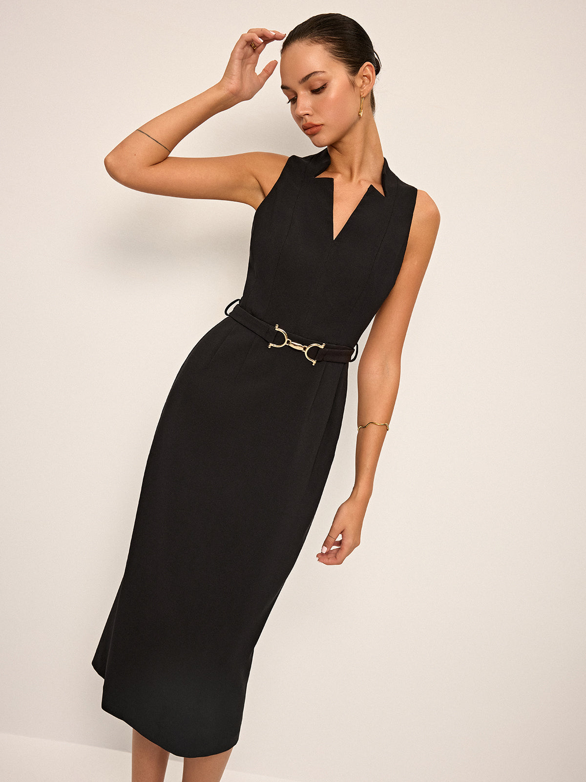 Laveth Sleeveless V-Neck Belted Midi Dress