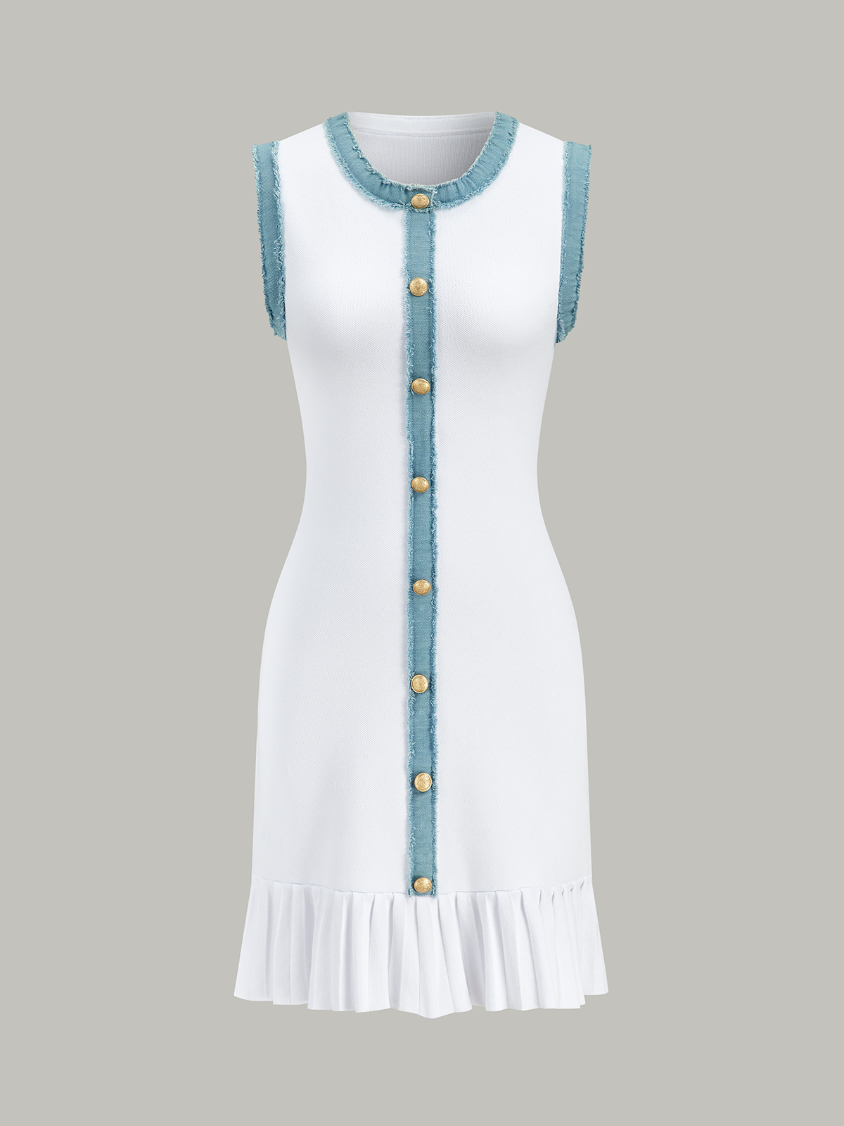 Luxette Denim Trim Button-Front Ruffle Hem Midi Dress