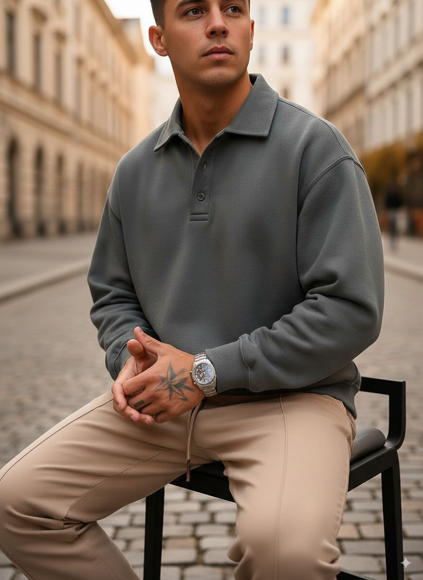 Men’s Polo Collar Shirt – Loose Fit Long Sleeve Business Casual Top