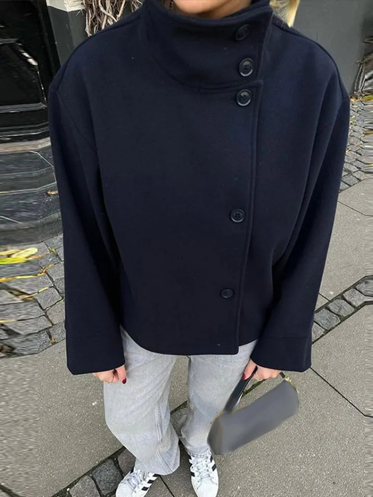 Woolen Dark Blue Jacket Women 2025 Autumn Single Breasted Stand Collar Loose Female Coat Office Lady Street Short Outwear Tops