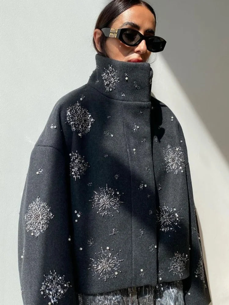 Women’s Woolen Coat – Floral Casual Winter Jacket