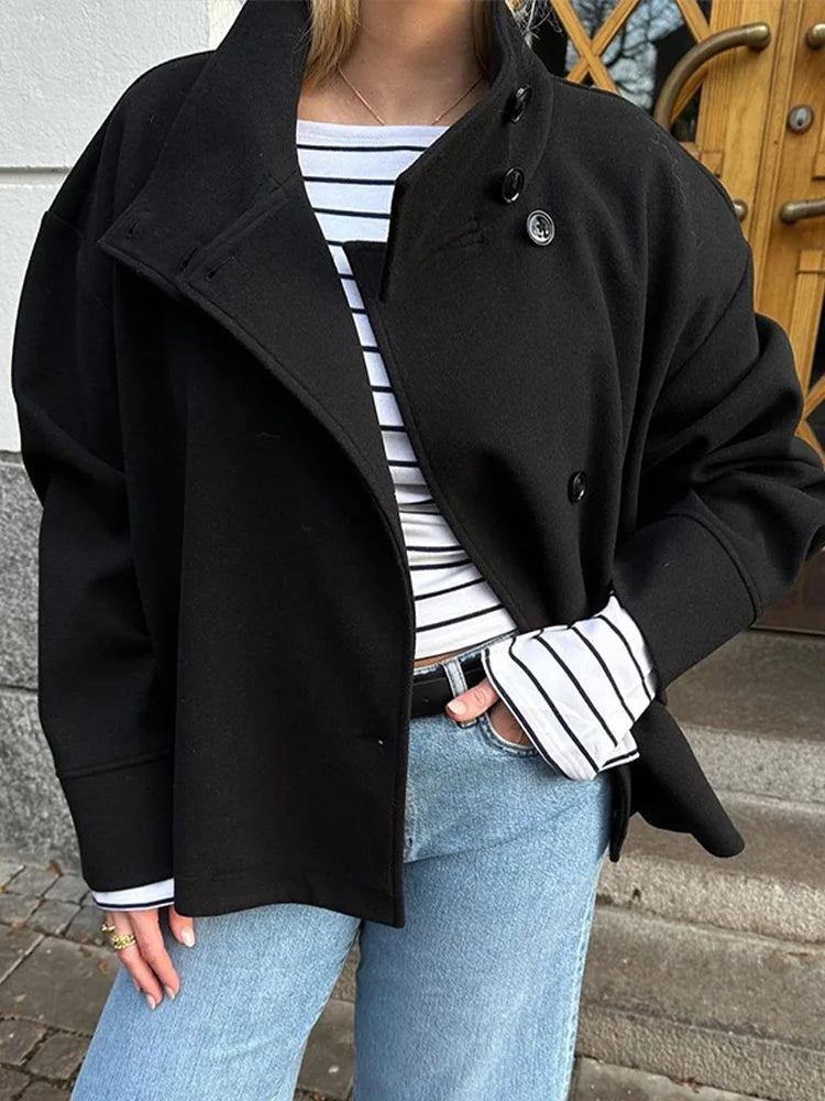 Woolen Dark Blue Jacket Women 2025 Autumn Single Breasted Stand Collar Loose Female Coat Office Lady Street Short Outwear Tops
