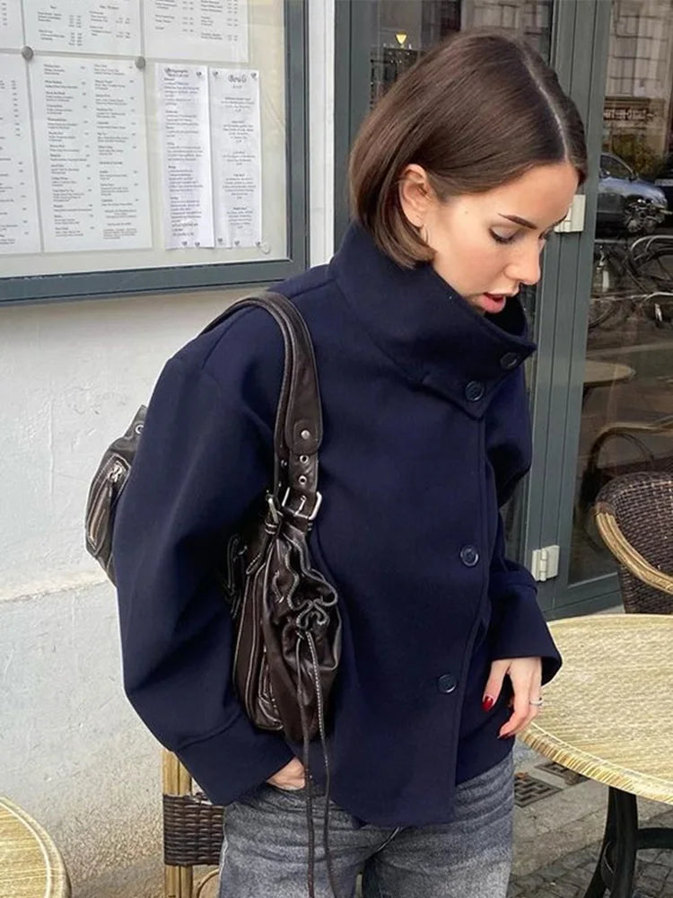 Woolen Dark Blue Jacket Women 2025 Autumn Single Breasted Stand Collar Loose Female Coat Office Lady Street Short Outwear Tops