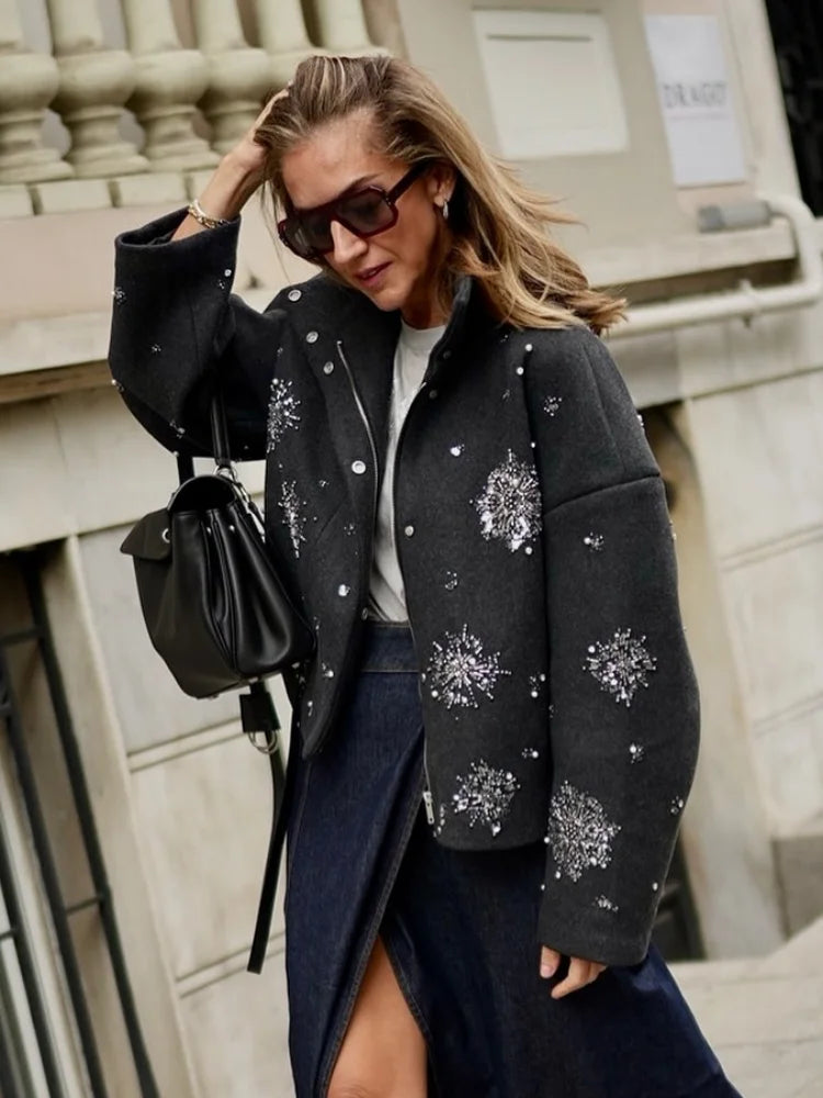Women’s Woolen Coat – Floral Casual Winter Jacket