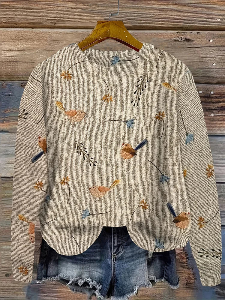 FeatherEase Plus Size Bird Print Pullover Sweater
