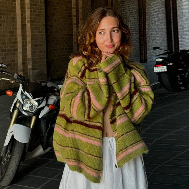 Elegant Striped V-Neck Women's Sweater Single-Breasted Loose Knitted