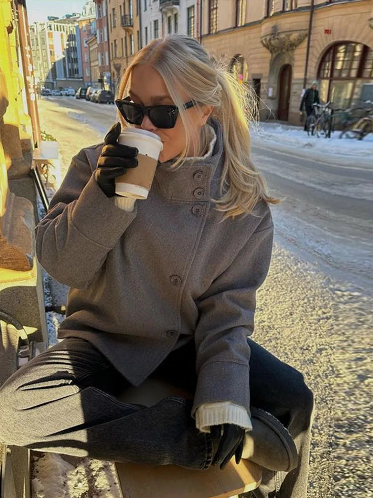 Woolen Dark Blue Jacket Women 2025 Autumn Single Breasted Stand Collar Loose Female Coat Office Lady Street Short Outwear Tops