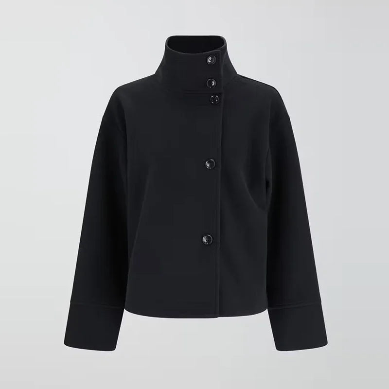Woolen Dark Blue Jacket Women 2025 Autumn Single Breasted Stand Collar Loose Female Coat Office Lady Street Short Outwear Tops