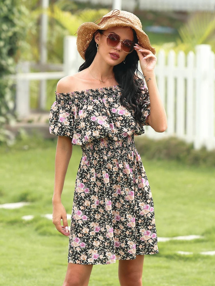 Sunbloom Cascade – Printed Off-Shoulder Midi Dress