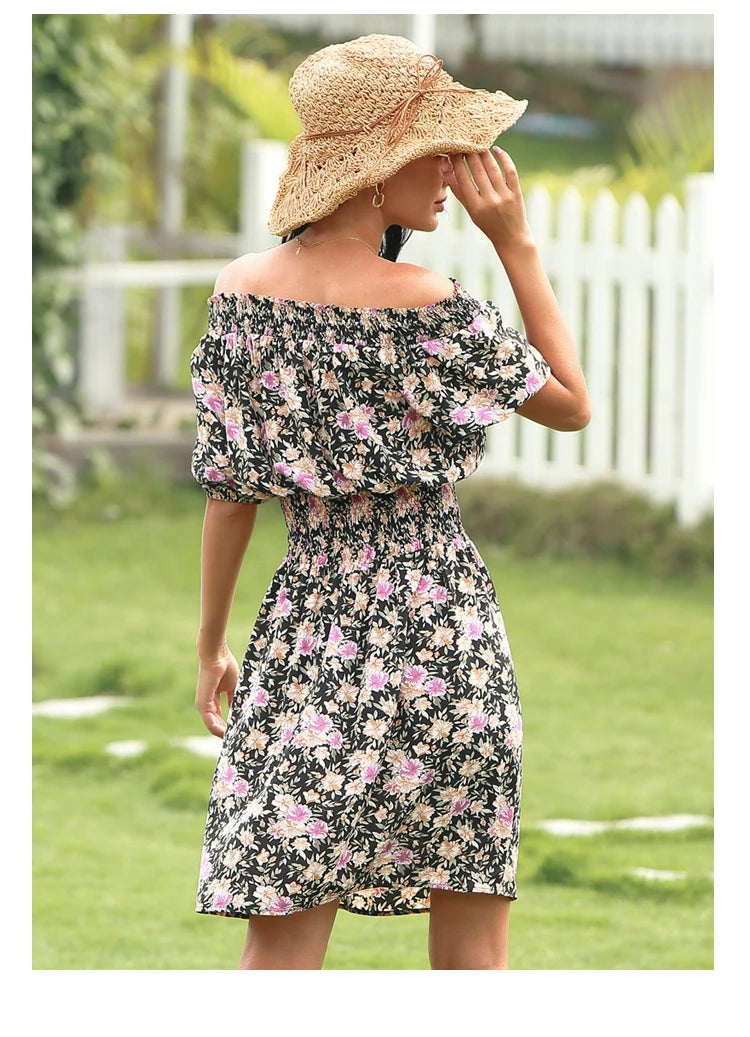 Sunbloom Cascade – Printed Off-Shoulder Midi Dress