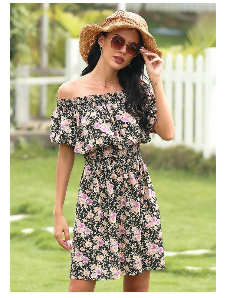Sunbloom Cascade – Printed Off-Shoulder Midi Dress
