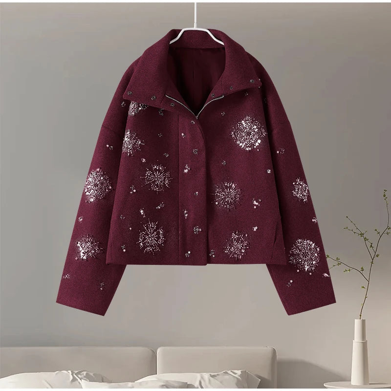 Women’s Woolen Coat – Floral Casual Winter Jacket