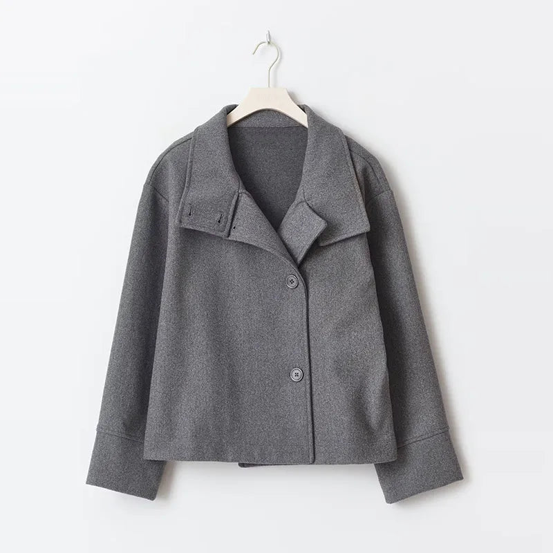 Woolen Dark Blue Jacket Women 2025 Autumn Single Breasted Stand Collar Loose Female Coat Office Lady Street Short Outwear Tops