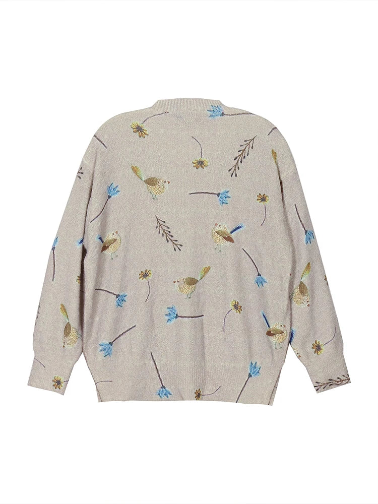 FeatherEase Plus Size Bird Print Pullover Sweater