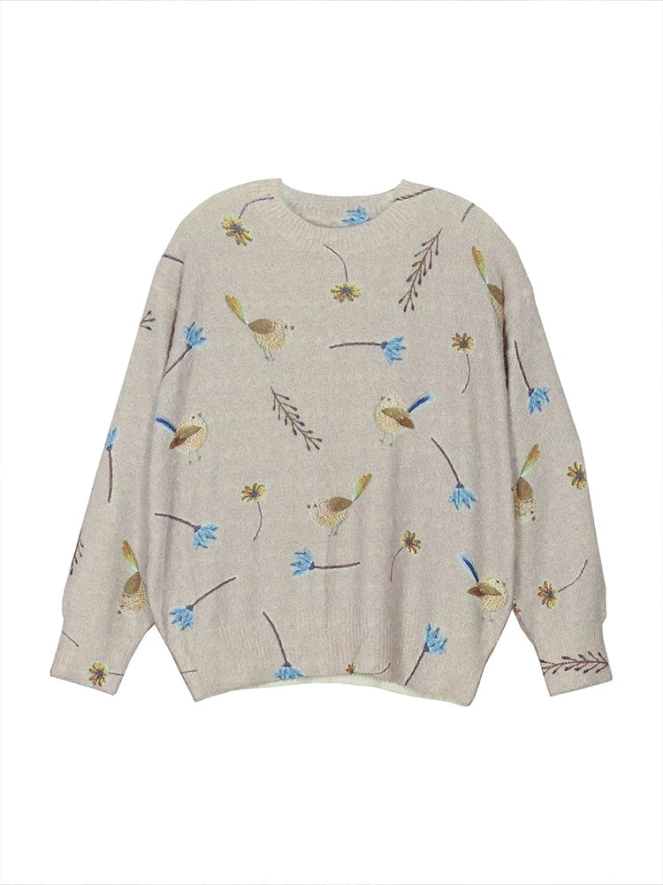 FeatherEase Plus Size Bird Print Pullover Sweater