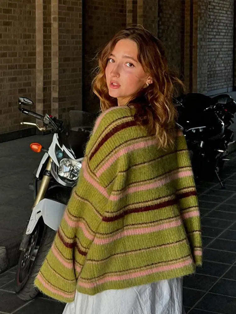 Elegant Striped V-Neck Women's Sweater Single-Breasted Loose Knitted