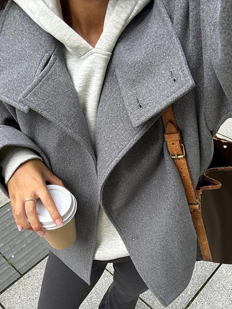 Woolen Dark Blue Jacket Women 2025 Autumn Single Breasted Stand Collar Loose Female Coat Office Lady Street Short Outwear Tops