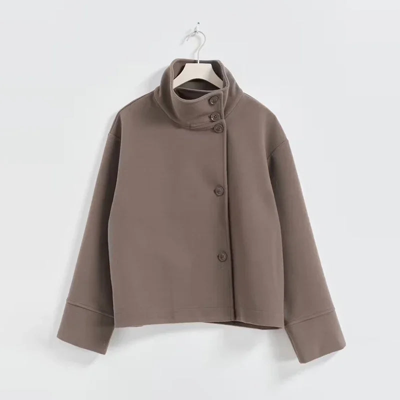 Woolen Dark Blue Jacket Women 2025 Autumn Single Breasted Stand Collar Loose Female Coat Office Lady Street Short Outwear Tops