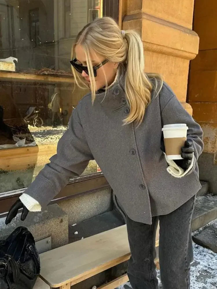 Woolen Dark Blue Jacket Women 2025 Autumn Single Breasted Stand Collar Loose Female Coat Office Lady Street Short Outwear Tops