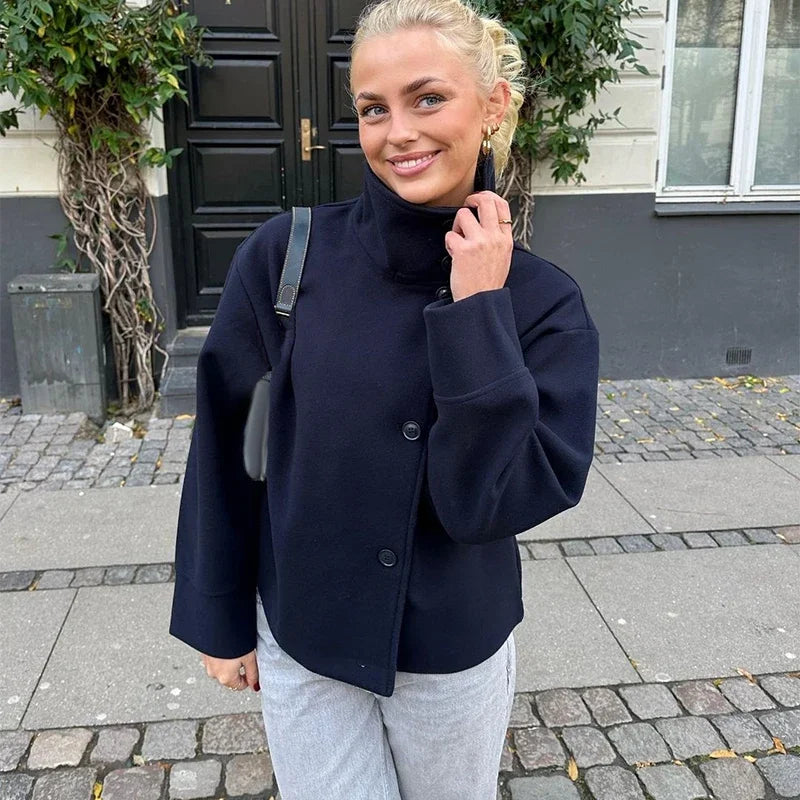 Woolen Dark Blue Jacket Women 2025 Autumn Single Breasted Stand Collar Loose Female Coat Office Lady Street Short Outwear Tops
