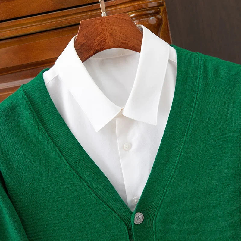 Men’s V-Neck Cardigan – Classic Solid Color Business Casual Sweater