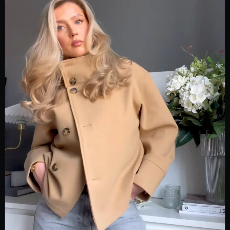 Woolen Dark Blue Jacket Women 2025 Autumn Single Breasted Stand Collar Loose Female Coat Office Lady Street Short Outwear Tops