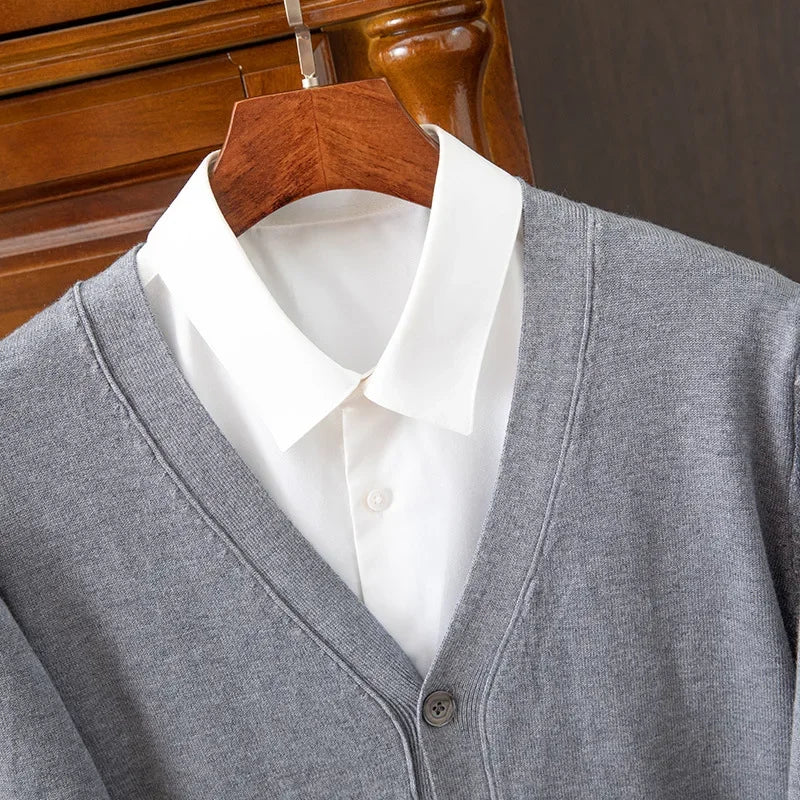 Men’s V-Neck Cardigan – Classic Solid Color Business Casual Sweater