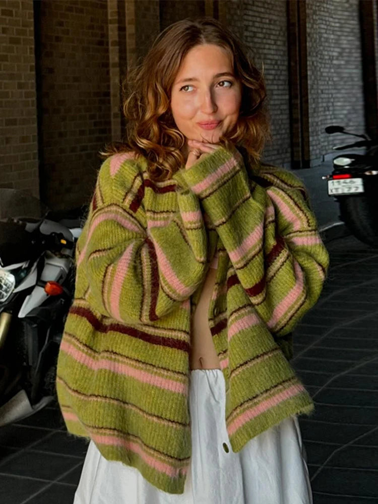 Elegant Striped V-Neck Women's Sweater Single-Breasted Loose Knitted